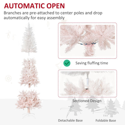 7ft Pencil Artificial Christmas Tree With Pine Realistic Branches, Auto Open, Pink And White
