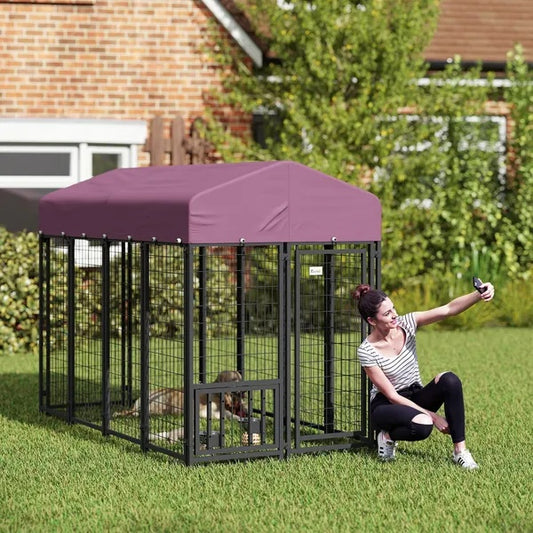 Welded Wire Outdoor Dog Kennel With 360 Rotating & 4 Levels Adjustable Bowls, Waterproof Cover