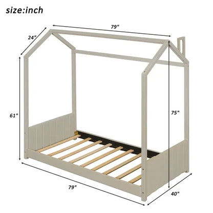 Twin Size Velvet House Bed Wood Bed, Beige