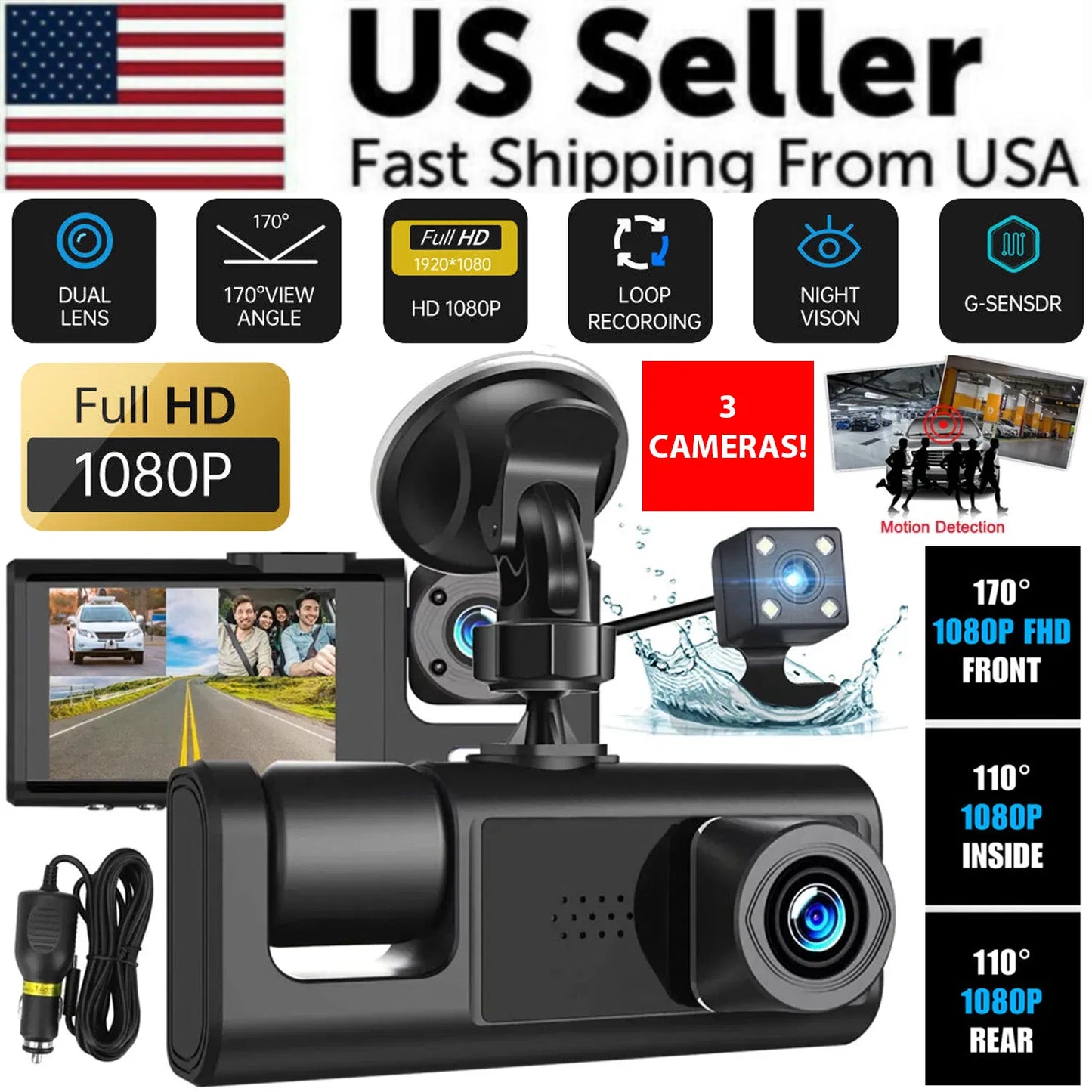 Car Dual Lens Dash Cam HD 1080P Front Rear Inside Video Recorder Camera G-Sensor