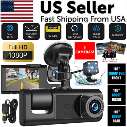 Car Dual Lens Dash Cam HD 1080P Front Rear Inside Video Recorder Camera G-Sensor