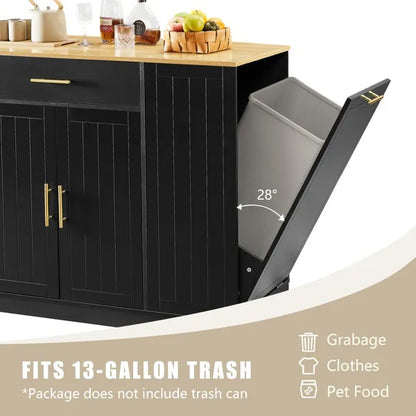 53 Inch Large Kitchen Island With Trash Can Storage Cabinet, Islands Table With Drawer And Adjustable Shelves, Breakfast Bar Cabinet For 13 Gallon Garbage Bin, Black & Oak