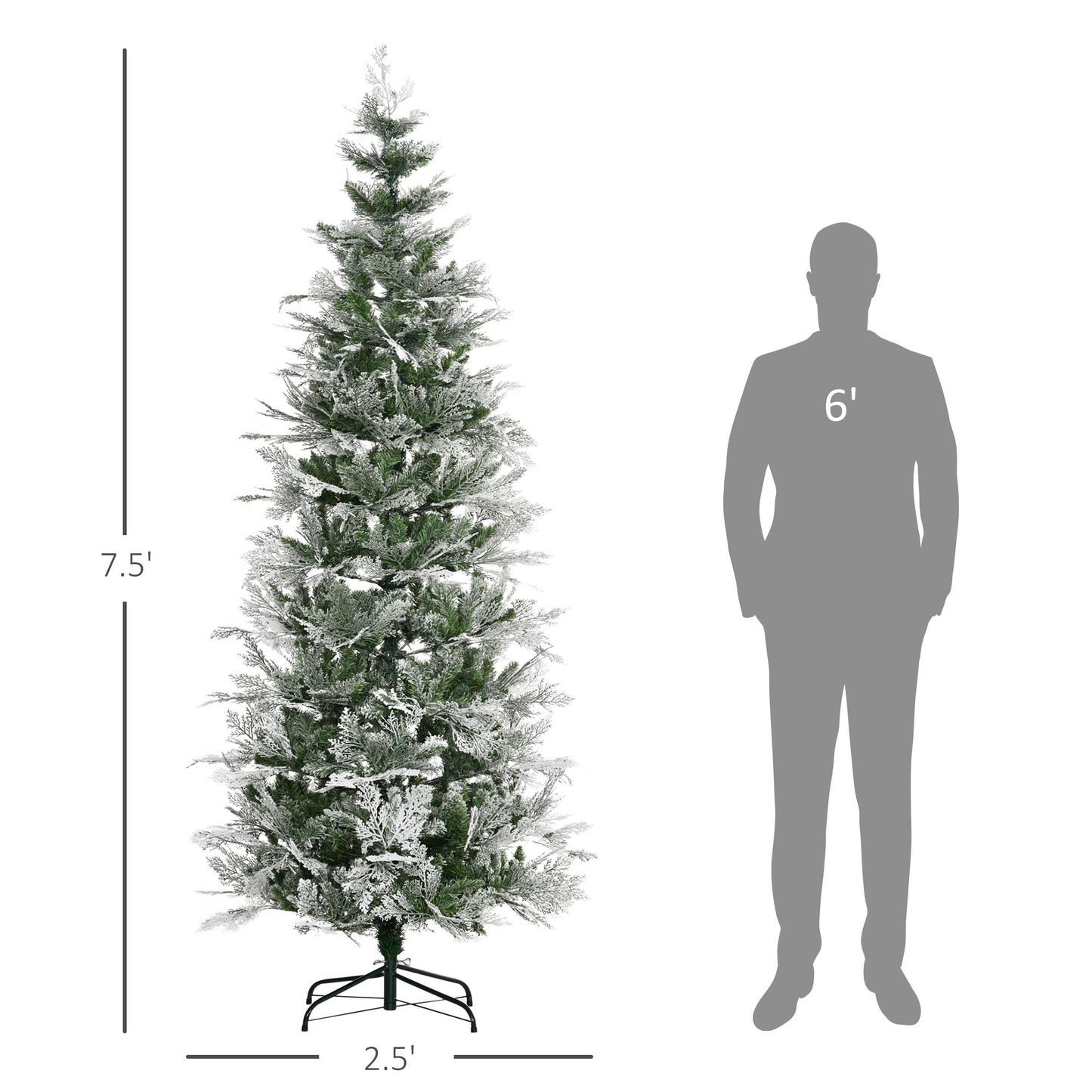 7.5 Feet Pencil Snow Flocked Artificial Christmas Tree With 880 Realistic Cypress Branches, Auto Open, Green