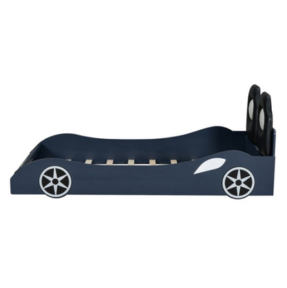 Wood Twin Size Race Car-Shaped Platform Bed With LED And Upholstered Backrest, Blue