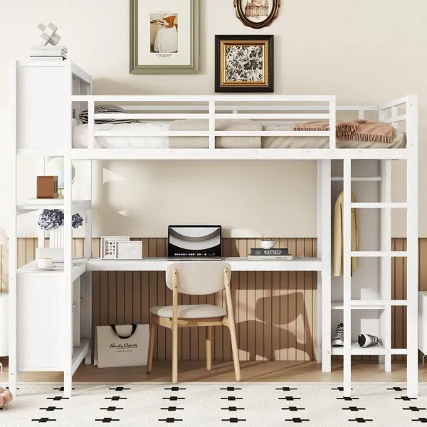 Metal Loft Bed With Wardrobe And L-shaped Desk, Full Size Loft Bed With Storage Cubes And Shelves, Heavy Duty Loft Bed For Kids Teens Adults, White