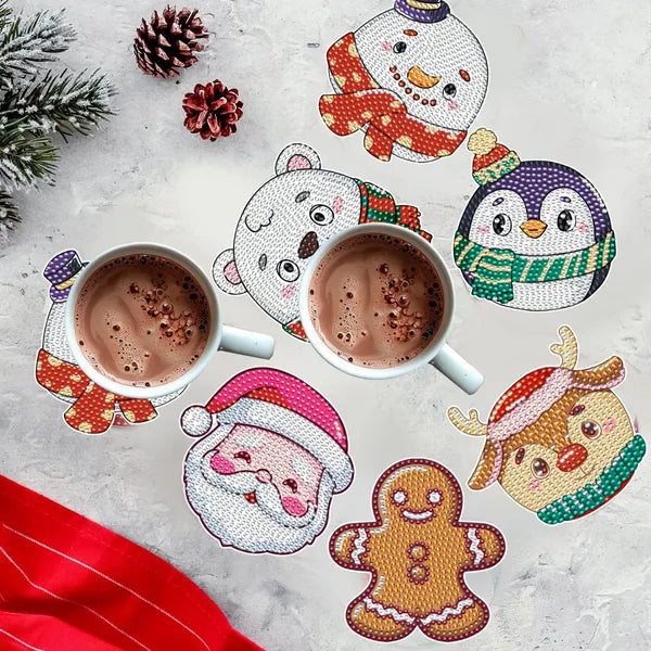 6 Packs Christmas Rhinestones Art Coasters With Holder Snowman Gingerbread Man Penguin Santa Claus Pattern Gift Non Slip Acrylic Cup Coaster 5D DIY Full Drill Rhinestones Dots Art