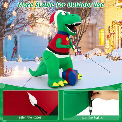6FT Inflatable Christmas Dinosaur: Santa Hat/Vest + Gift Boxes, Bright LED Lights, Waterproof Polyester, 2 Ropes + 4 Stakes, 10ft Cord, 1.8lbs