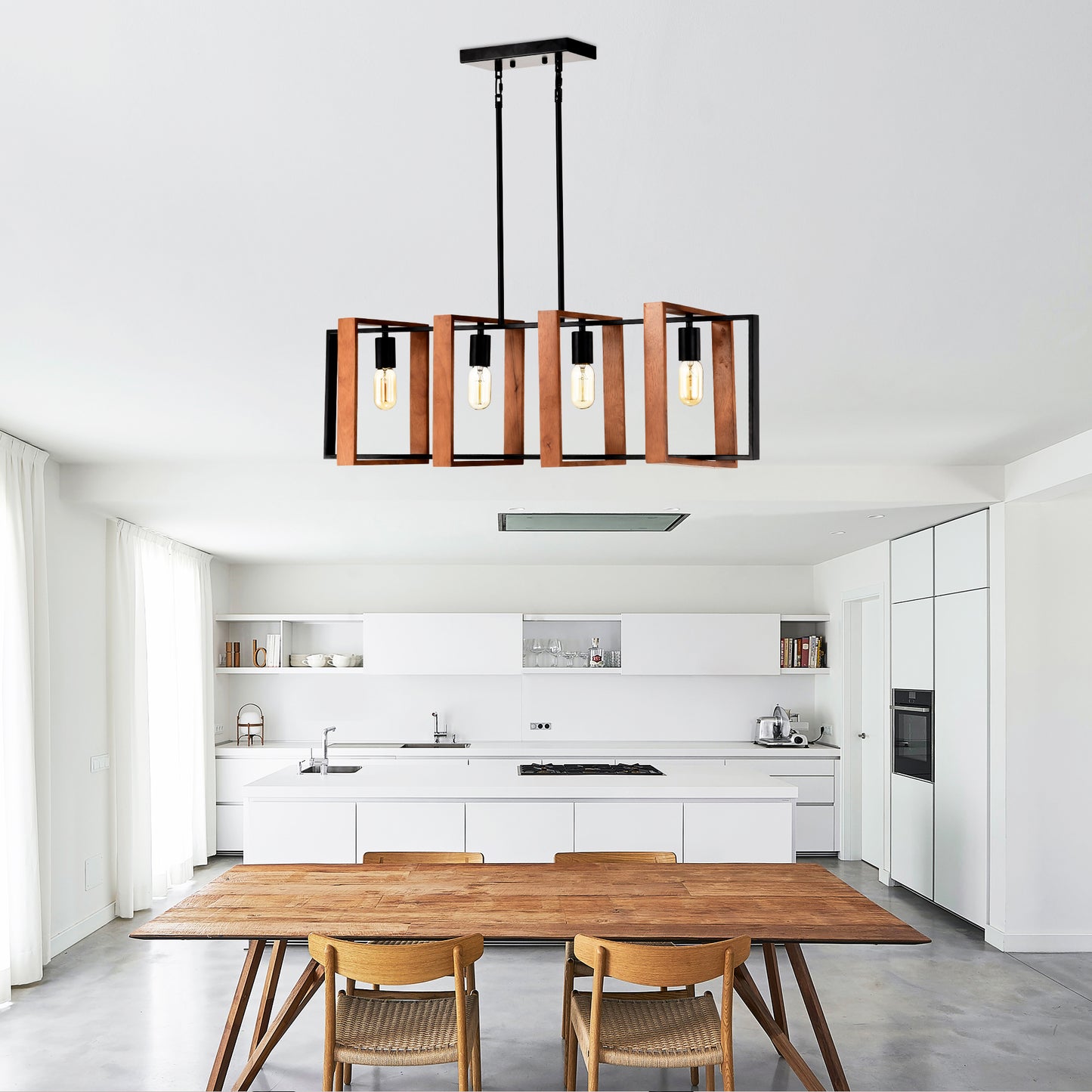 4-Light Kitchen Island Lights Pendant Light Farmhouse Dining Room Light Fixture, Rustic Wood And Black Metal Rectangular Chandelier, Hanging Lighting For Living Room,Conference Room, Home Office