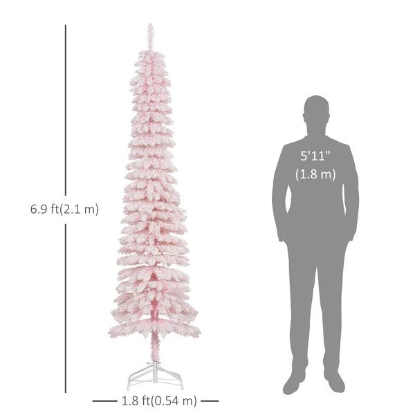 7ft Snow-Flocked Artificial Christmas Tree, Slim Pencil Xmas Tree With 490 Realistic Branches, Metal Base
