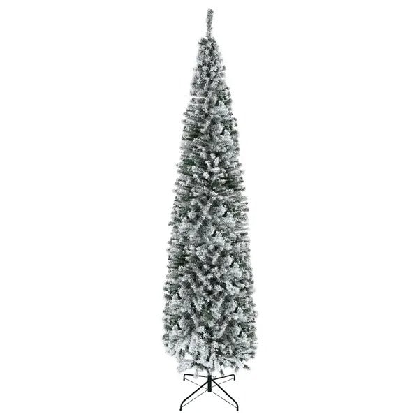9ft Flocked Christmas Tree, Pencil Christmas Tree With Realistic Branch Tips, Folding Metal Stand, Green