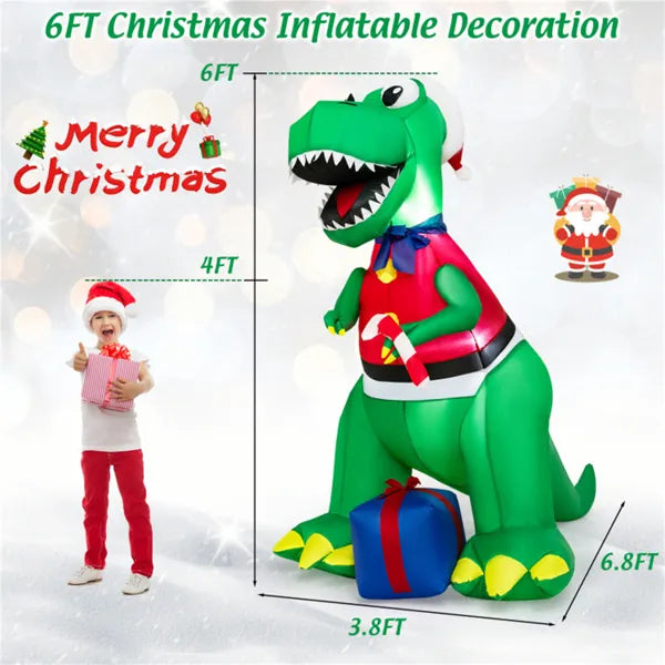 6FT Inflatable Christmas Dinosaur: Santa Hat/Vest + Gift Boxes, Bright LED Lights, Waterproof Polyester, 2 Ropes + 4 Stakes, 10ft Cord, 1.8lbs