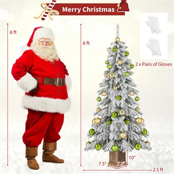 6ft Flocked Christmas Tree With 589 Branch Tips - Snow-Laden Design, 48 Xmas Balls Included, Fireproof PVC Material
