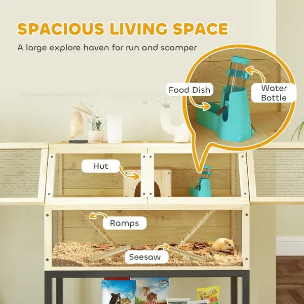 Hamster Cage On Wheels W Storage Shelf, Seesaws, Water Bottle, Hut & Ramps, For Dwarf, Gerbil, Syrian Hamster, Mouse