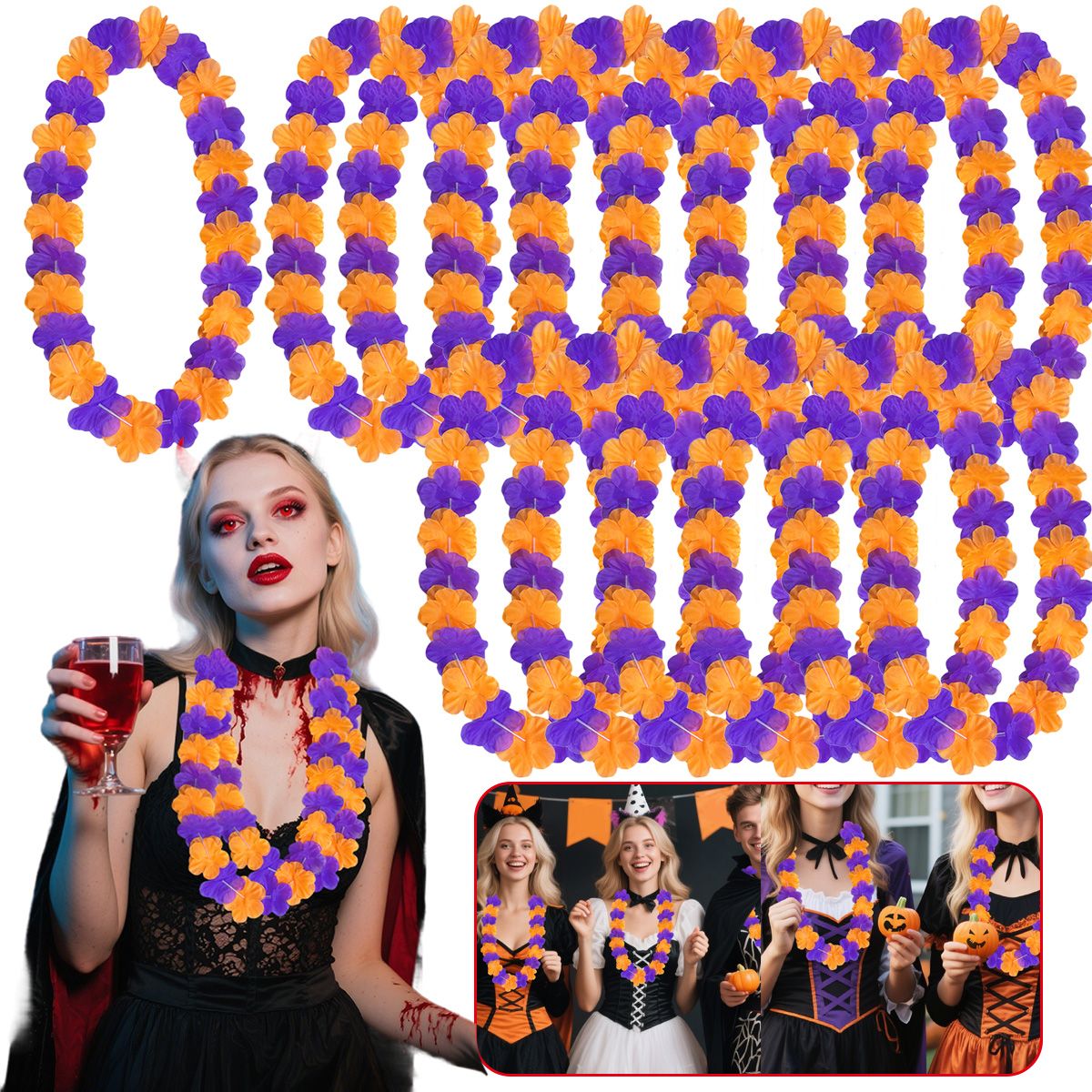 24 Pcs Halloween Leis Hawaiian Leis Necklace Tropical Flower Lei Floral Luau Party Decorations Orange Purple Dance Garland Headbands Photo Booth Photo Props For Halloween Birthday Trick Or Treat Party