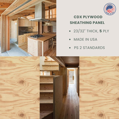 CDX Plywood Sheathing Panel - 23/32" Thick, 5 Ply, PS 2 Standards, Made in USA