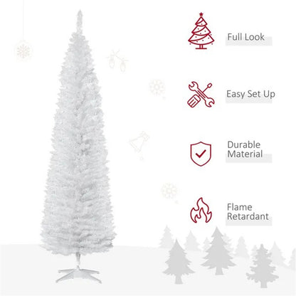 7' Pencil Christmas Tree, Slim Artificial Xmas Tree With Realistic Branches, Sturdy Metal Stand, White