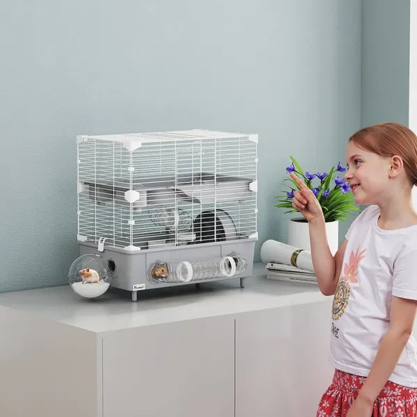 2-Tier Hamster Cage With Sand Bathroom, Running Wheel, Water Bottle