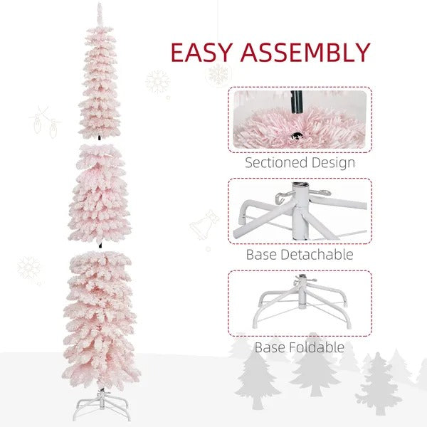 6ft Snow-Flocked Artificial Christmas Tree, Slim Pencil Xmas Tree With 395 Realistic Branches, Metal Base