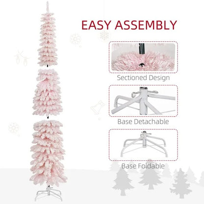6ft Snow-Flocked Artificial Christmas Tree, Slim Pencil Xmas Tree With 395 Realistic Branches, Metal Base