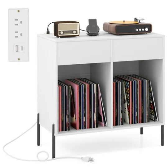 Record Player Storage Stand - Customizable Vinyl Compartments, Built-in Charging Station, Metal Legs & Floor-Protecting Pads