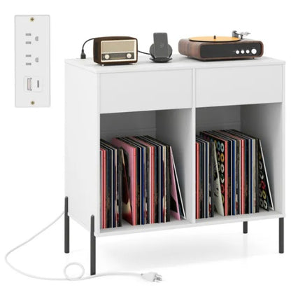 Record Player Storage Stand - Customizable Vinyl Compartments, Built-in Charging Station, Metal Legs & Floor-Protecting Pads