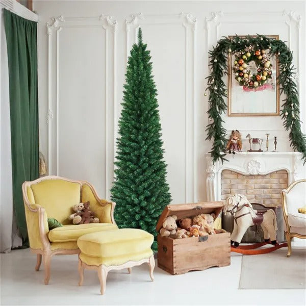 8ft Slim Pencil Christmas Tree - Space-Saving Design For Small Corners, 1000 Realistic PVC Branches With Flocked Finish
