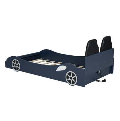 Wood Twin Size Race Car-Shaped Platform Bed With LED And Upholstered Backrest, Blue