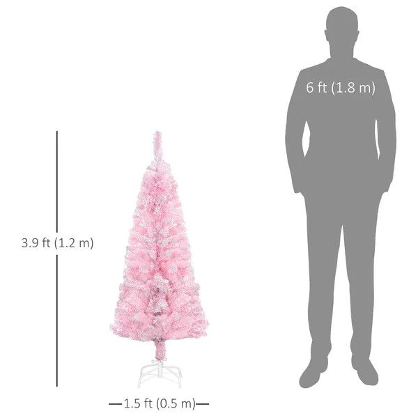 4 Ft Flocked Pencil Christmas Tree, Artificial Christmas Tree With Realistic Branches, Auto Open And Steel Base, Pink