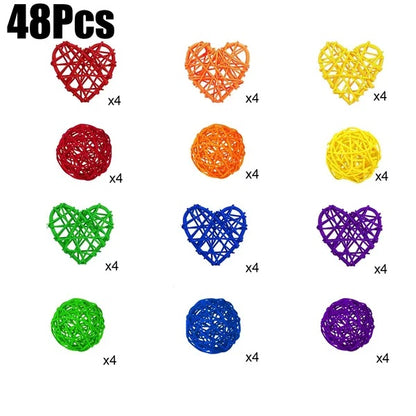 48Pcs Colorful Wicker Rattan Balls Round Heart Shaped Rattan Balls Rainbow Vase Bowl Fillers Aromatherapy Decorative Ball