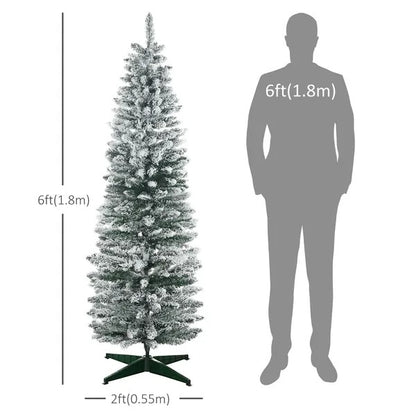 6ft Tall Pencil Artificial Christmas Tree, Holiday Decor With Snow Flocked Branches, Green