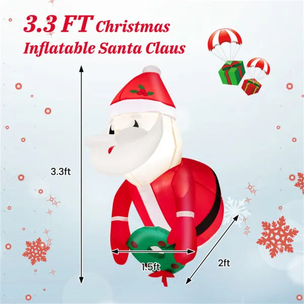 3.3FT Inflatable Window Santa & Wreath: 2 Internal LED Lights, 3 Suction Cups + 1 Rope, 45s Inflation
