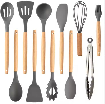 Non-Stick Silicon 12 Pcs Heat Resistant Wooden Handle Kitchen Cooking Utensils Set, Gray Color