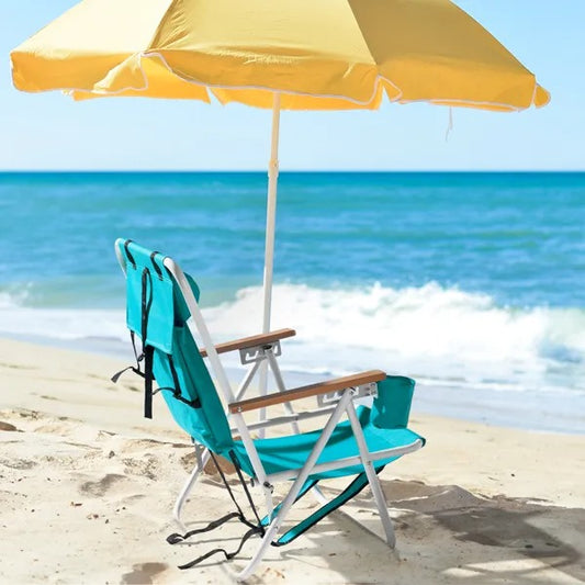 Folding Beach Chair, 4 Position Portable Backpack Foldable Camping Chair With Headrest Cup Holder And Wooden Armrests, Green
