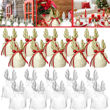 5Pcs Christmas Antler Gift Bags With Drawstring Flannel Gift Pouches Reusable Xmas Party Gift Wrapping Bag For Xmas New Year Birthday Wedding Winter Party Supplies