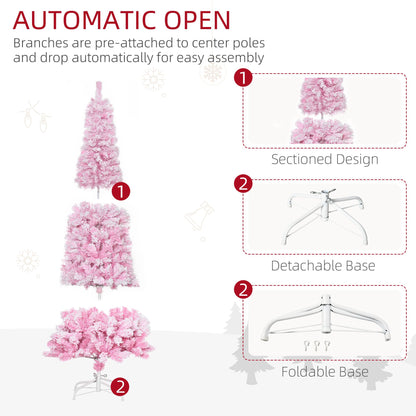 6 FT Snow Flocked Artificial Christmas Tree, Pencil Xmas Tree With Realistic Branches, Auto Open And Steel Base, Pink