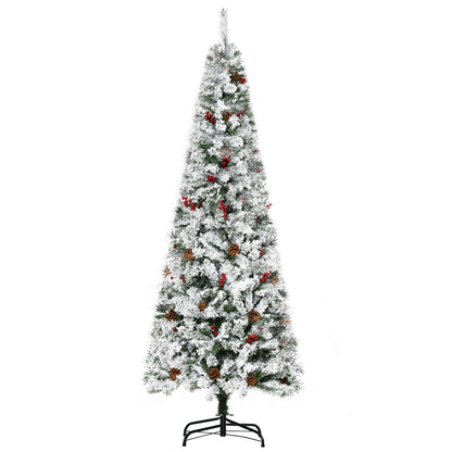 6 Foot Pencil Snow Flocked Artificial Christmas Tree With 600 Pine Realistic Branches, Pine Cones, Red Berries, Auto Open, Green
