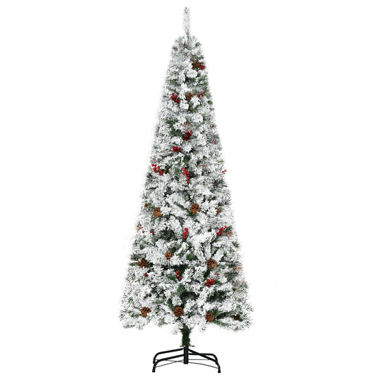 6 Foot Pencil Snow Flocked Artificial Christmas Tree With 600 Pine Realistic Branches, Pine Cones, Red Berries, Auto Open, Green