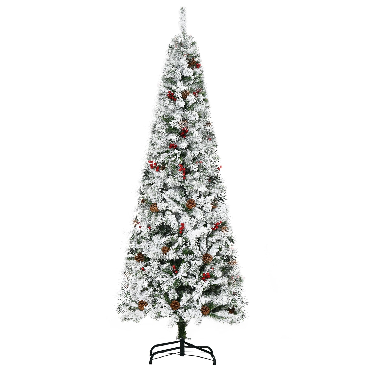 6 Foot Pencil Snow Flocked Artificial Christmas Tree With 600 Pine Realistic Branches, Pine Cones, Red Berries, Auto Open, Green