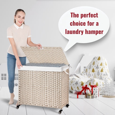 Laundry Hamper With Lid PE Rattan Powder Coating Frame Clothes Hampers With 02 Removable Bags, Wheels, 160L, Gray Color