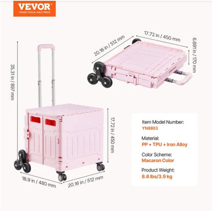 Foldable Cart With Stair Climbing Wheels Collapsible Rolling Crate 65L
