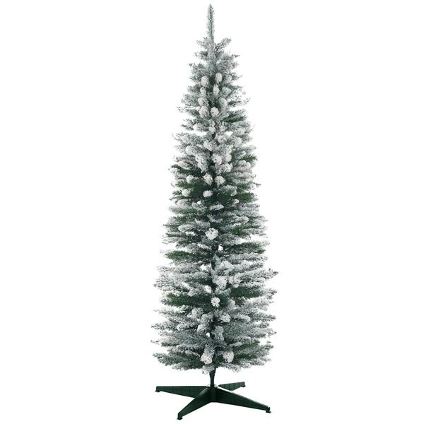 6ft Tall Pencil Artificial Christmas Tree, Holiday Decor With Snow Flocked Branches, Green