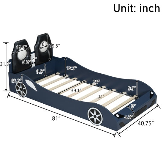Wood Twin Size Race Car-Shaped Platform Bed With LED And Upholstered Backrest, Blue