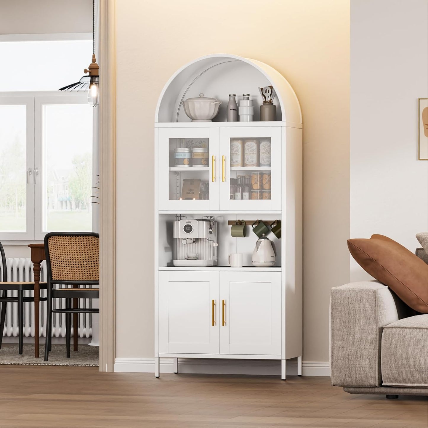 73 In Tall Metal Arched Cabinet, Kitchen Pantry Cabinet With Glass Door, Modern Farmhouse Arched Bookcase With 2 Adjustable Shelves For Living Room, White, Assembly Required