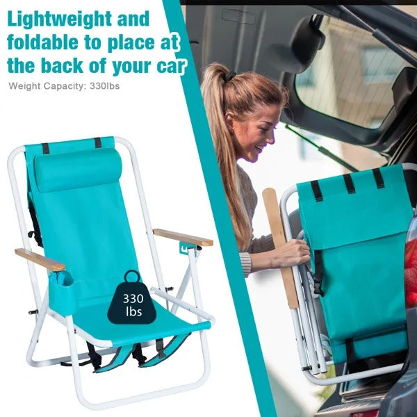 Folding Beach Chair, 4 Position Portable Backpack Foldable Camping Chair With Headrest Cup Holder And Wooden Armrests, Green