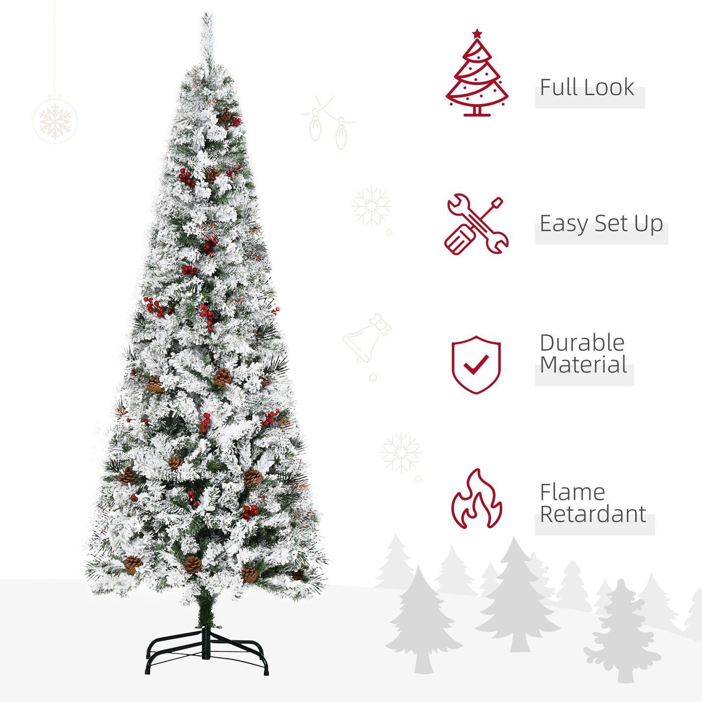 6 Foot Pencil Snow Flocked Artificial Christmas Tree With 600 Pine Realistic Branches, Pine Cones, Red Berries, Auto Open, Green