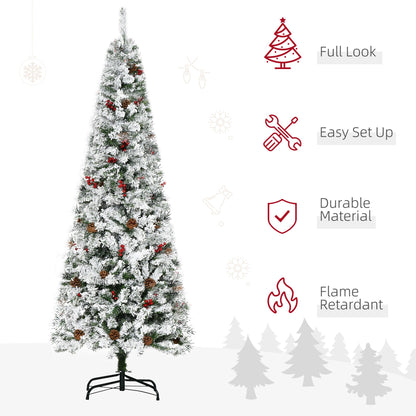 6 Foot Pencil Snow Flocked Artificial Christmas Tree With 600 Pine Realistic Branches, Pine Cones, Red Berries, Auto Open, Green