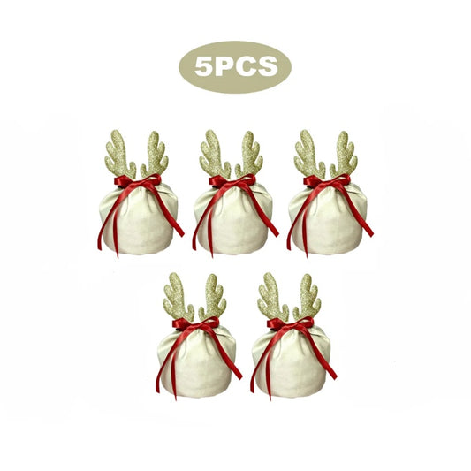5Pcs Christmas Antler Gift Bags With Drawstring Flannel Gift Pouches Reusable Xmas Party Gift Wrapping Bag For Xmas New Year Birthday Wedding Winter Party Supplies