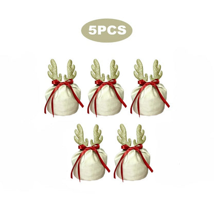5Pcs Christmas Antler Gift Bags With Drawstring Flannel Gift Pouches Reusable Xmas Party Gift Wrapping Bag For Xmas New Year Birthday Wedding Winter Party Supplies
