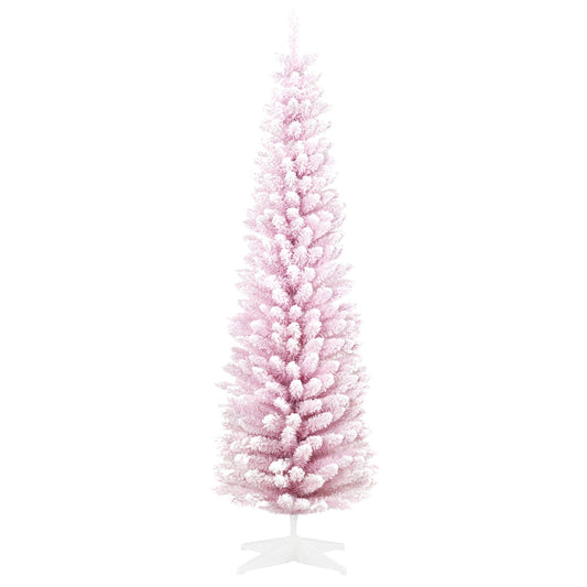 7ft Flocked Christmas Tree, Pencil Artificial Christmas Tree With Realistic Branches