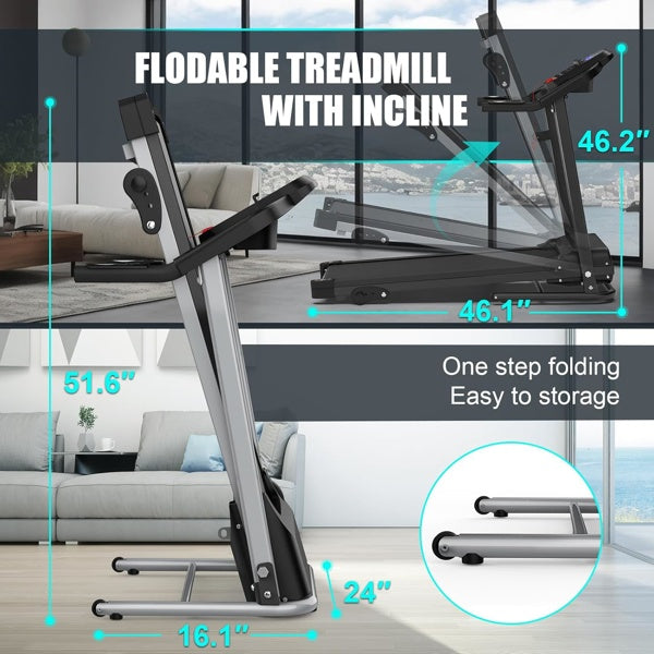 Compact Folding Treadmill For Home - 2.5HP Quiet Brushless Motor, 3-Level Incline